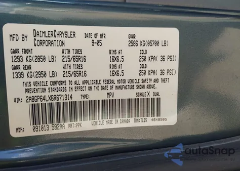 2006 Chrysler Town & Country Limited from USA, damaged, VIN 2A8GP64LX6R671314